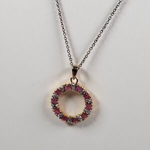 Sterling Silver Ruby Circle Pendant Necklace 18" Gold Vermeil 925 Pink TESTED